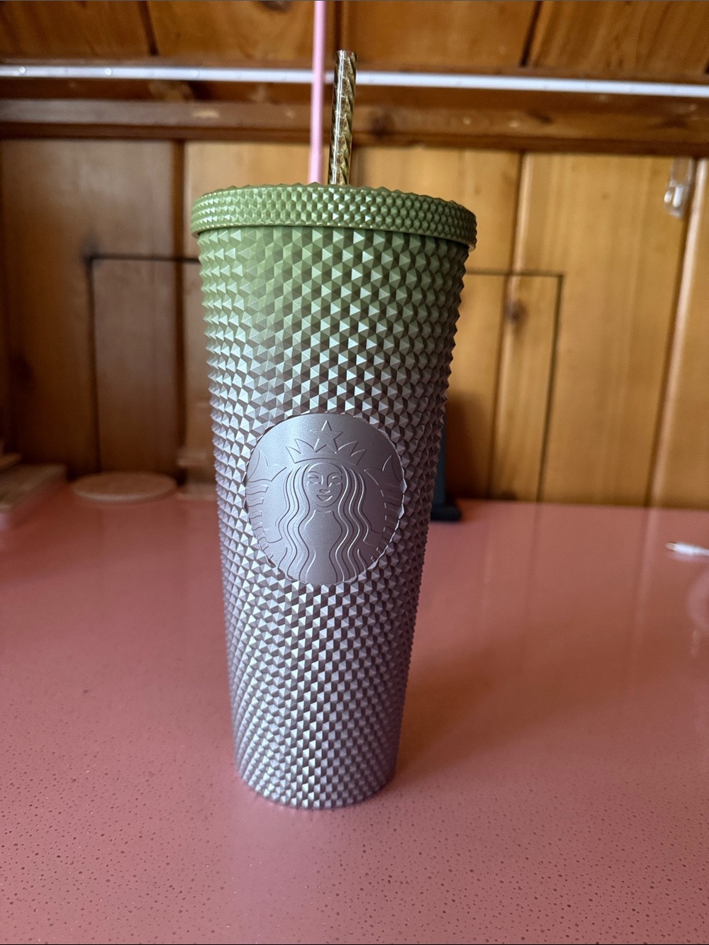 Starbucks Studded Tumbler in Green and Silver with Gold Straw